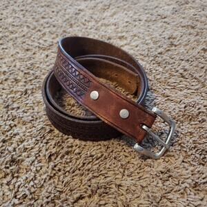 Genuine leather tooled brown 1.5 inch belt silver tone buckles 46